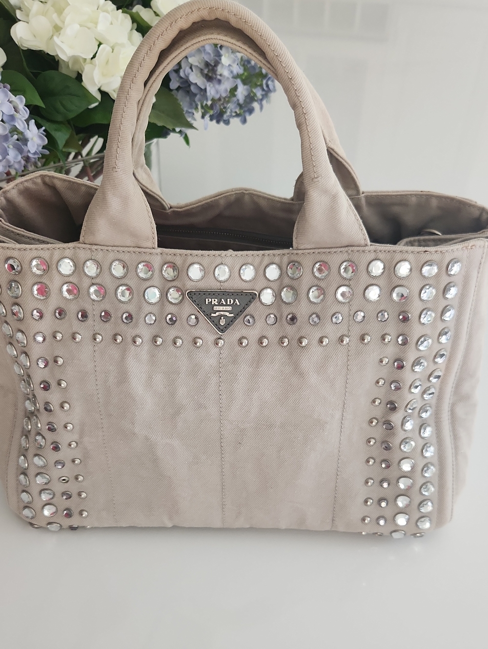 Prada Beige Studded Canvas Tote